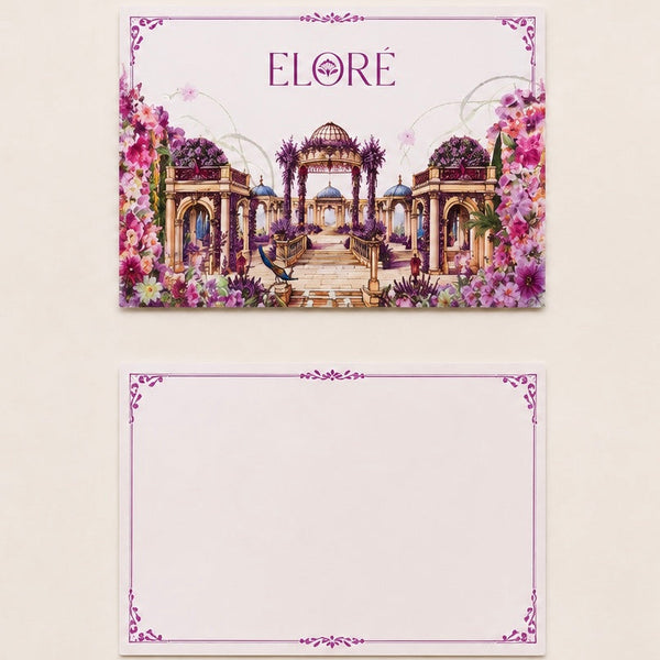 Decorative card with 'ELORè' design featuring a garden and archway on a light background.